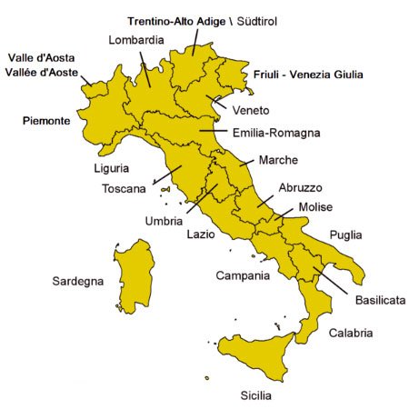 Карта Италии с названиями регионов. Источник http://it.wikipedia.org